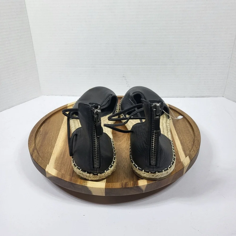 Eileen Fisher Black Leather Lace Up Zip Espadrille Sandals Womens 9 Flat Black